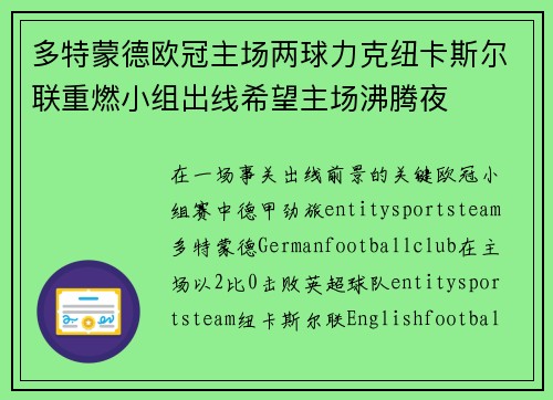 多特蒙德欧冠主场两球力克纽卡斯尔联重燃小组出线希望主场沸腾夜